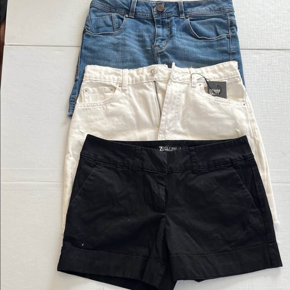 Staple three pack! Black & blue jean shorts & white denim skirt! Size 6
